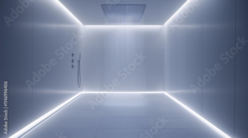 A minimalistic white bathroom featuring a sleek shower with ambient lighting and a spacious, clean design