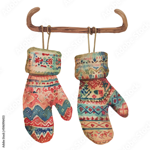 A watercolor vector of a pair of mittens hanging on a hook, isolated on a white background.