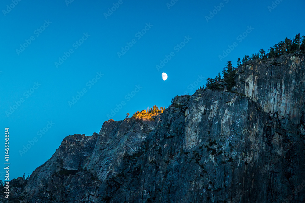 Majestic dusk over Yosemite Valley with moonrise