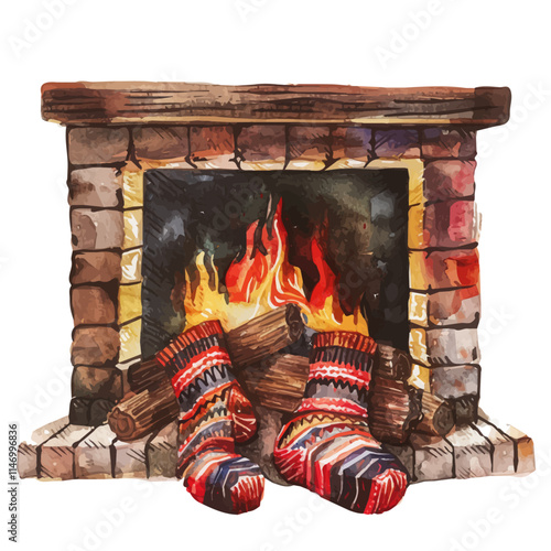 A watercolor vector of a pair of woolen socks next to a fireplace, isolated on a white background. Pair of woolen socks next to a fireplace vector.
