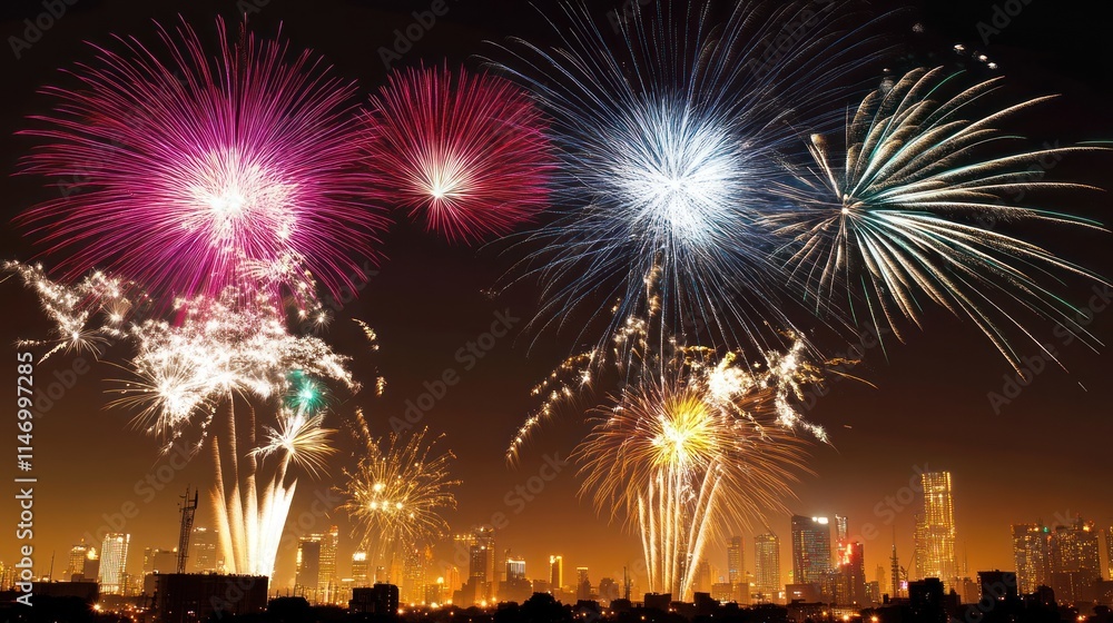 Fototapeta premium Fireworks Display Over Cityscape