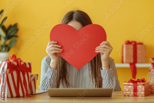 With a big red paper heart in her hands, a female office worker hides while preparing decorations and gifts for Saint Valentine's Day. The indoor studio shot is isolated against a yellow background. photo