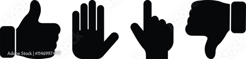 Hand gestures icon set in flat style. isolated on transparent background Included icons as fingers interaction, thumb up, thumb down, forefinger, hand use for stop symbols. vector apps, website