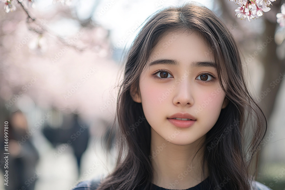 Generative AI portrait of a young Asian person enjoying spring serene moment in a blooming Japanese park Generative AI portrait of a young Asian person enjoying spring serene moment in a blooming Japanese park
