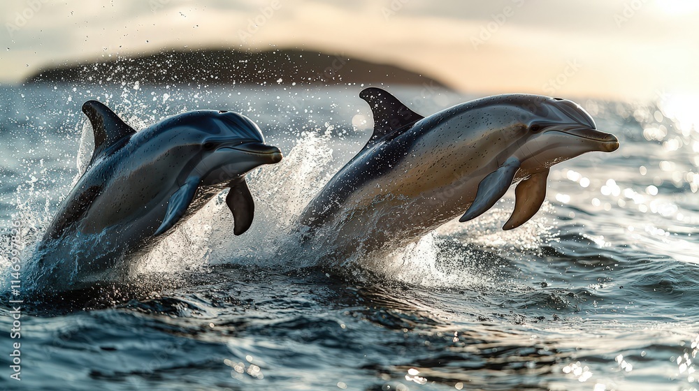 Fototapeta premium Hawaiian dolphins gleefully leaping through ocean waves at sunset