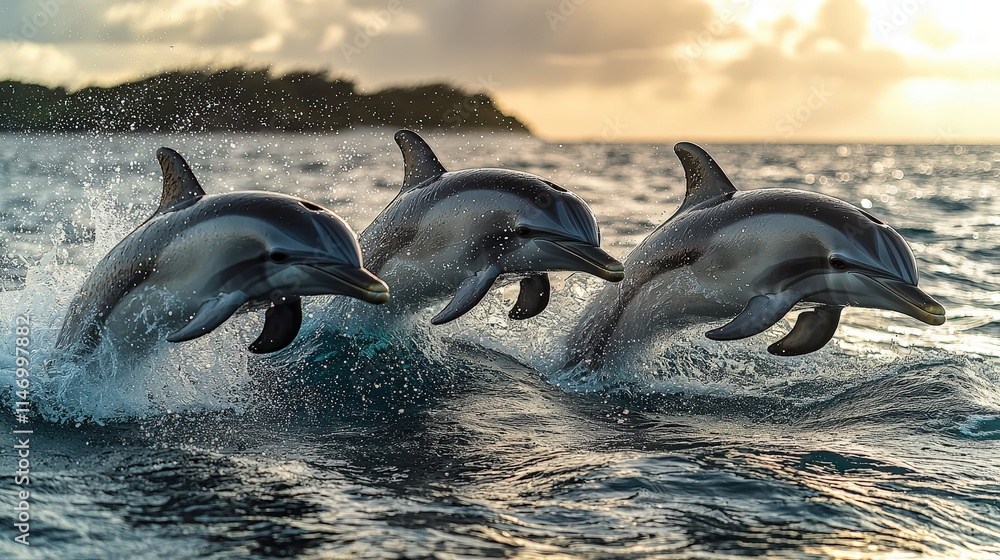 Obraz premium Playful dolphins leap through hawaiian waters at sunset