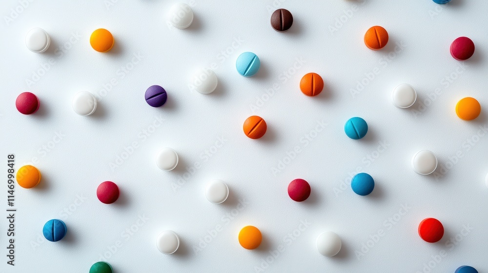 A detailed photo of colorful medication capsules and tablets lying on a pure white surface, their bright colors drawing attention A detailed photo of colorful medication capsules and tablets lying on a pure white surface, their bright colors drawing attention