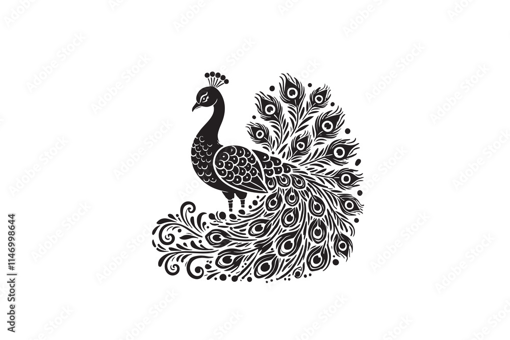 Fototapeta premium Peacock bird silhouette vector illustration with white background