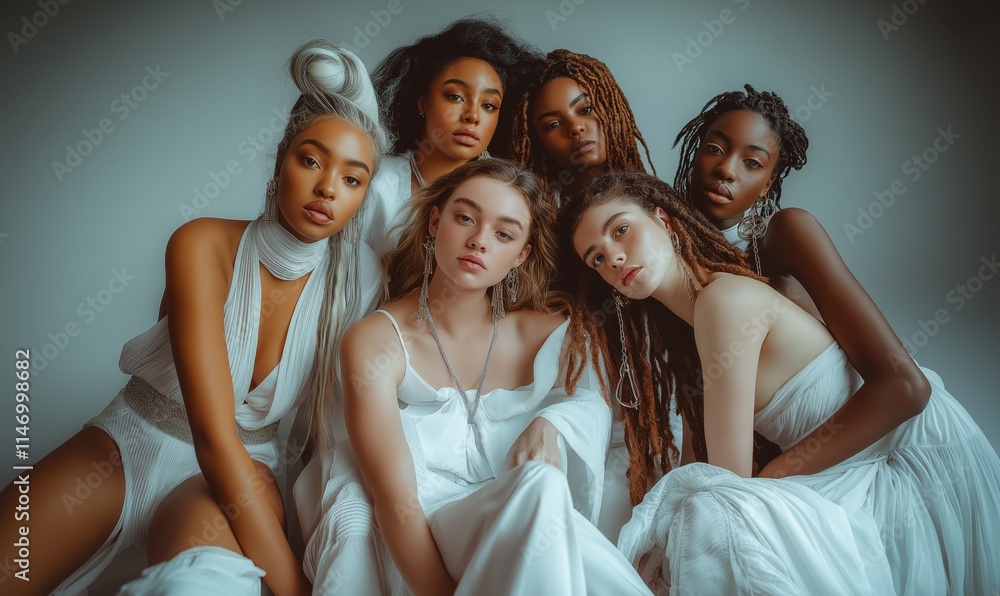 Obraz premium A diverse group of six models poses together in elegant white outfits against a minimalist backdrop