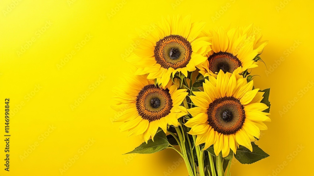 Fototapeta premium Vivid bouquet of sunflowers in a playful arrangement against a bright yellow background, close-up shot, Pop Art style