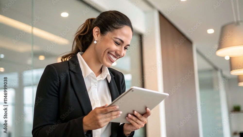 Fototapeta premium smiling female employee looking at tablet 