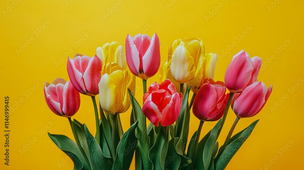 Vivid bouquet of tulips in a playful arrangement against a bright yellow backdrop, close-up shot, Pop Art style Vivid bouquet of tulips in a playful arrangement against a bright yellow backdrop, close-up shot, Pop Art style