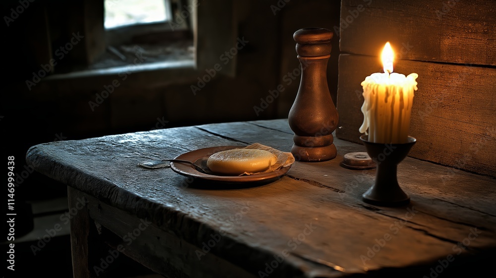 A minimalistic Christmas dinner setting featuring a plate with cheese, a pepper mill, and a candle on a rustic wooden table A minimalistic Christmas dinner setting featuring a plate with cheese, a pepper mill, and a candle on a rustic wooden table