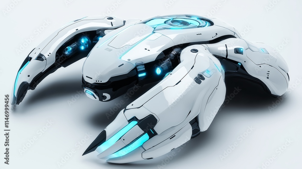 A stylized futuristic pest control robot with a sleek design and blue glowing accents, resembling a mechanical insect A stylized futuristic pest control robot with a sleek design and blue glowing accents, resembling a mechanical insect