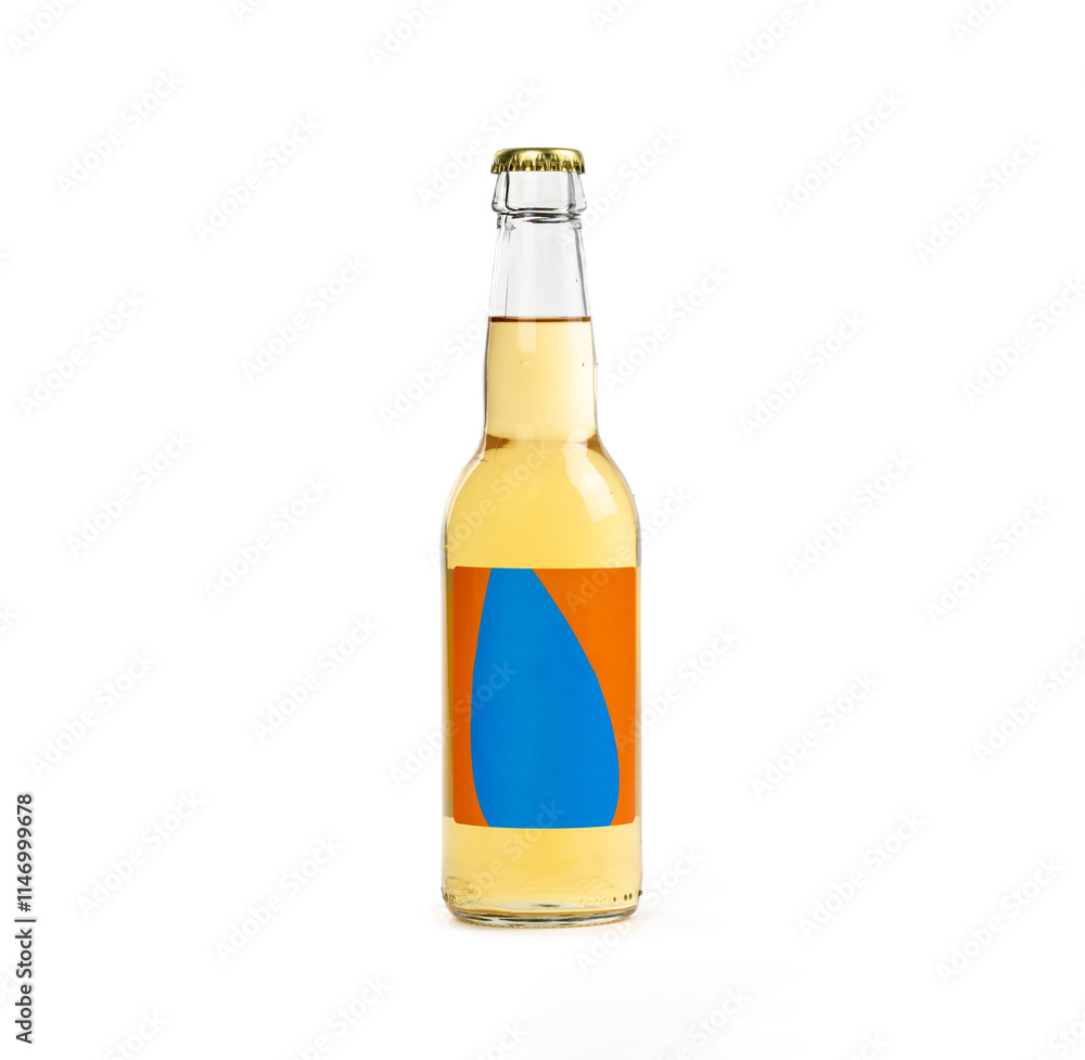 A refreshing drink in a clear glass bottle displays an eye-catching label featuring vibrant colors and geometric design against a minimal backdrop A refreshing drink in a clear glass bottle displays an eye-catching label featuring vibrant colors and geometric design against a minimal backdrop
