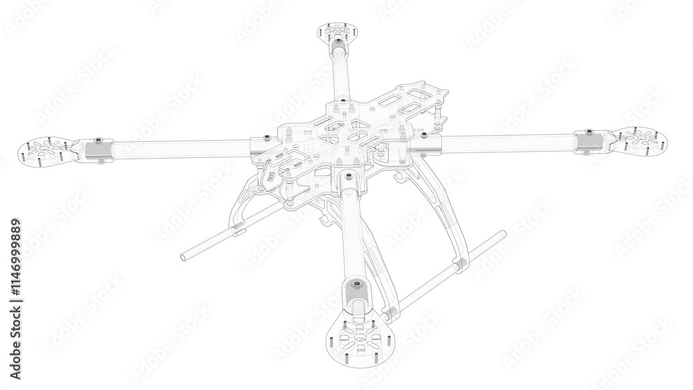 3D rendering - outlined drone frame isolated on a white background