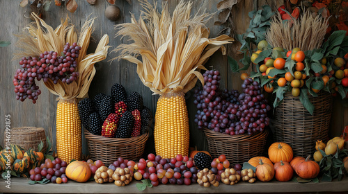 Harvest Decorations. Corn, fruits, and baskets arranged in a festive and cultural display. Kwanzaa, harvest, decorations