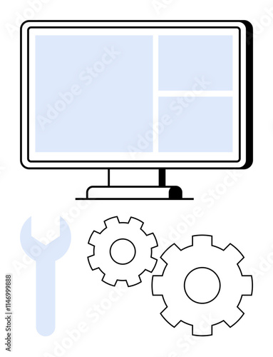 Computer monitor displaying a split-screen interface, with two cogwheels and a wrench below. Ideal for technology development, software maintenance, IT support, customization services, technical