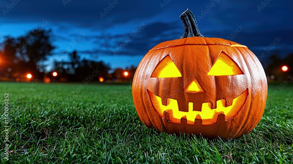 Obraz premium Glowing Halloween jack-o-lantern sits on green grass under a dark blue twilight sky.