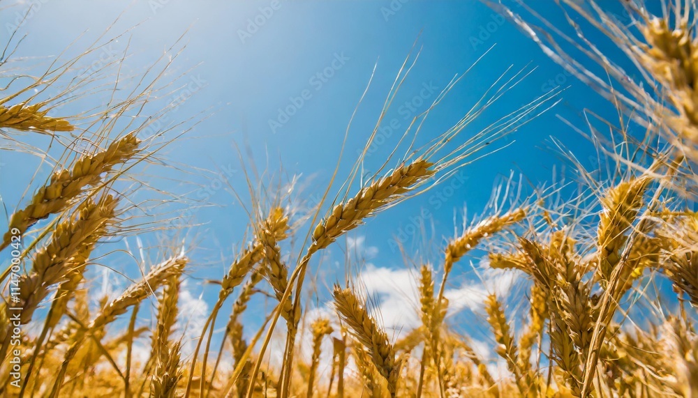 Golden Wheat Field with Ripe Grain Ready for Harvest under a Blue Sky Golden Wheat Field with Ripe Grain Ready for Harvest under a Blue Sky