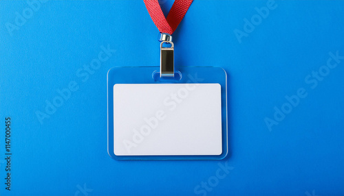 Blank office badge, empty name tag on bright blue backdrop. Mock-up. Close-up. photo