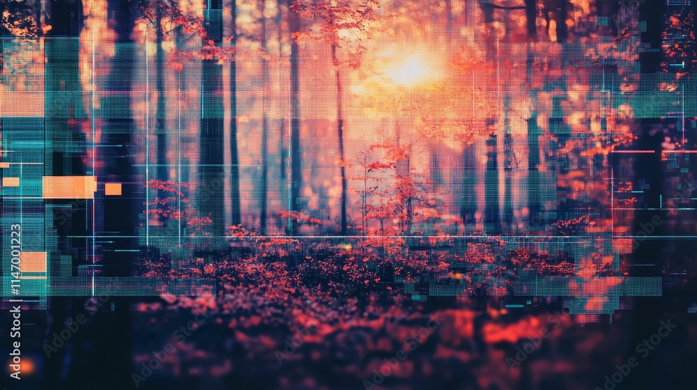 Digital overlay on autumnal forest sunset. Digital overlay on autumnal forest sunset.