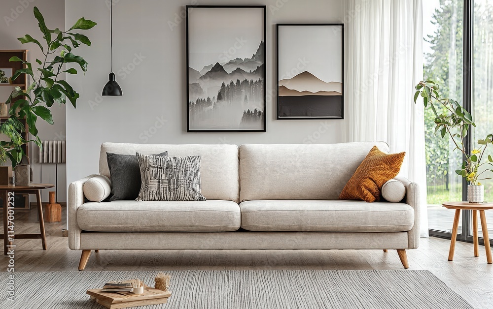 Fototapeta premium A sleek mid-century modern sofa with clean lines, neutral fabric, and tapered wooden legs