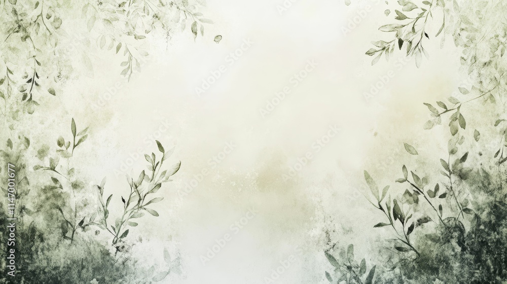 Watercolor background; muted green; leafy branches; textured. Watercolor background; muted green; leafy branches; textured.