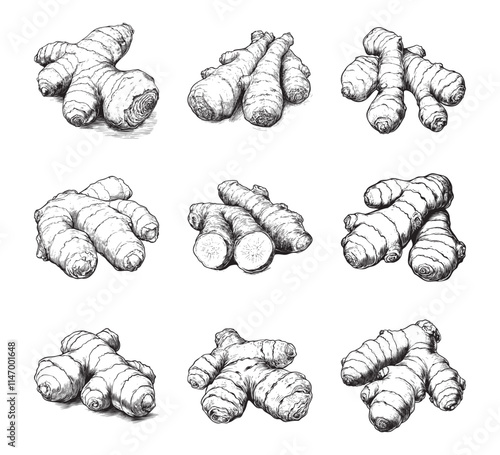 Set of ginger vector illustrations - hand drawn ginger - black and white ginger isolated on white background