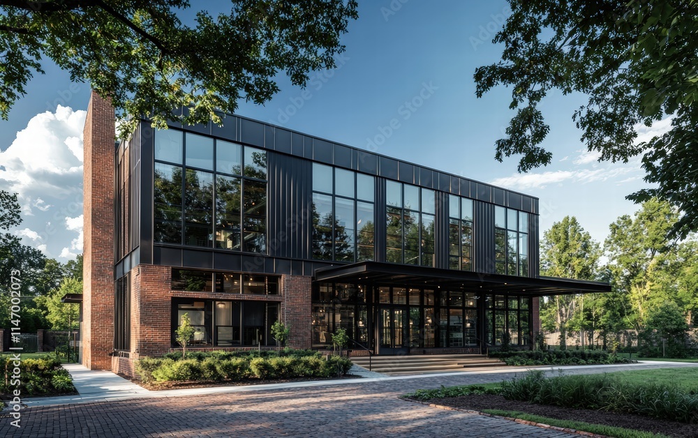 An industrial-style house exterior with steel cladding, large windows, and a brick foundation An industrial-style house exterior with steel cladding, large windows, and a brick foundation