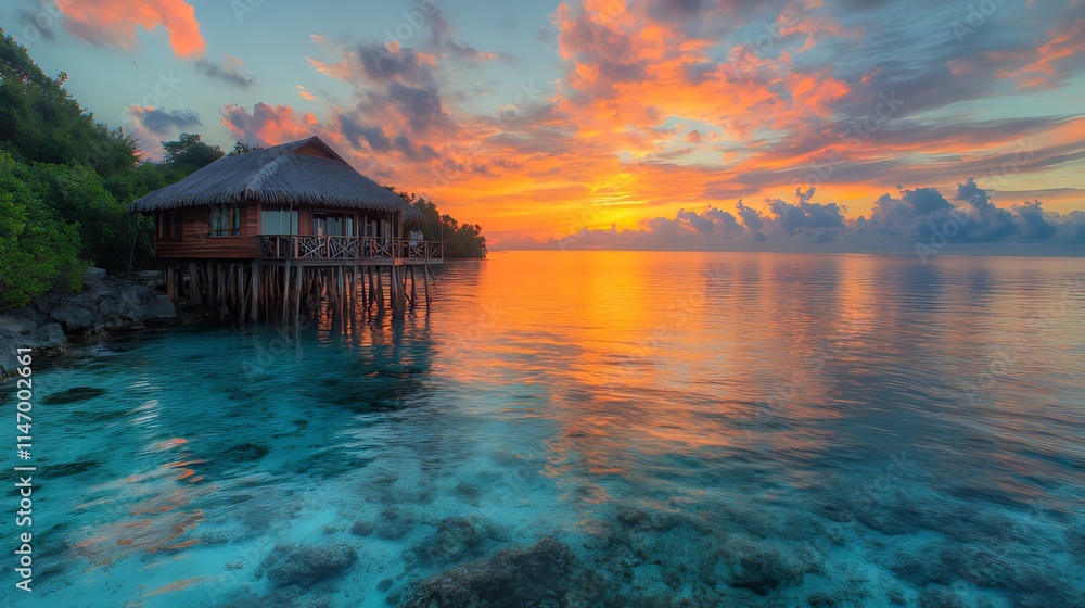 Vibrant sunrise over calm ocean with overwater bungalow. Vibrant sunrise over calm ocean with overwater bungalow.