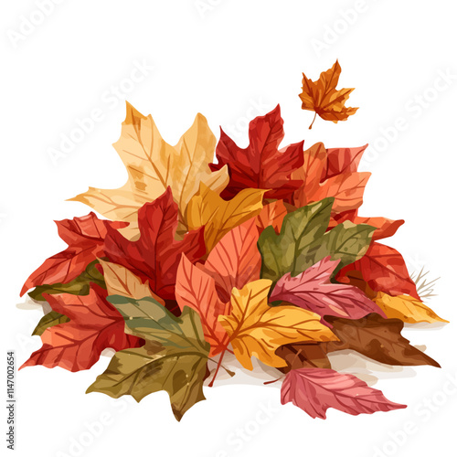 A watercolor painting of a pile of colorful autumn leaves in the backyard, scattered on the ground, isolated on a white background. Fall scene vector.
