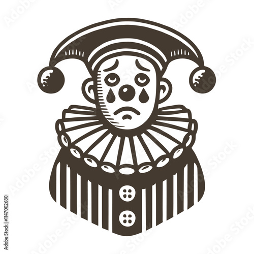  sad clown in Pierrot costume.  vintage engraving vector illustration, emblem, icon, print. isolated object