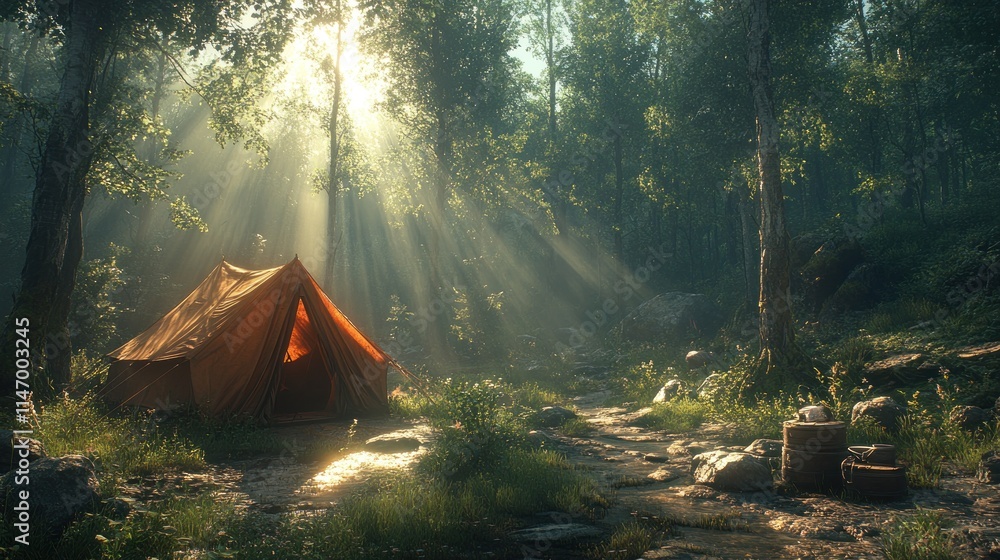 Sunlit orange tent in misty forest. Sunlit orange tent in misty forest.