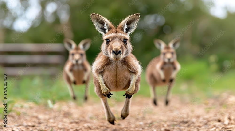 Three kangaroos leaping towards camera. Three kangaroos leaping towards camera.