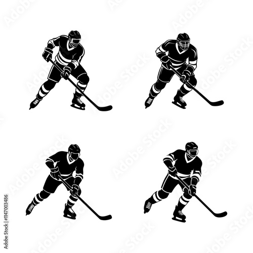 Set of Hockey player silhouette, black and white silhouette, vector and illustration