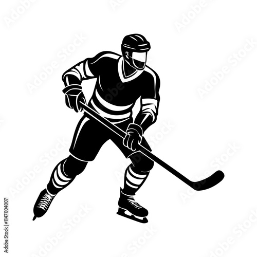 Hockey player silhouette, black and white silhouette, vector and illustration