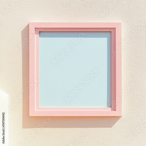 Pink frame, light blue insert, textured wall.