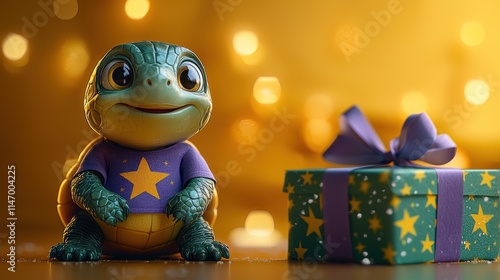 Adorable green turtle in a purple T-shirt with a yellow star, sitting next to a green gift box with star designs and purple ribbon, surrounded by golden decorations on a vibrant yellow backdrop
