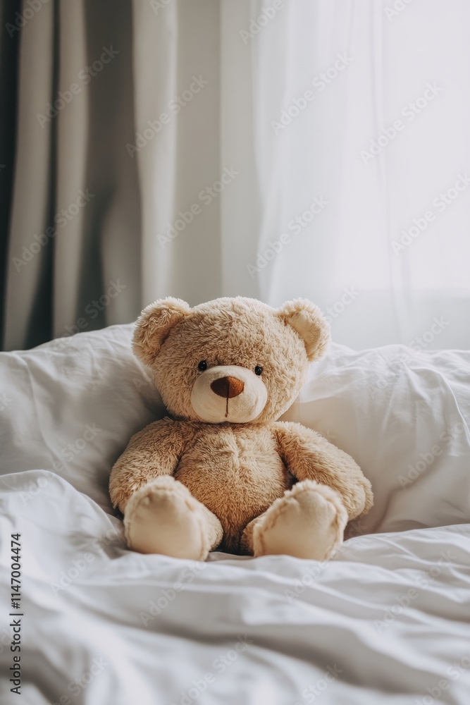 A teddy bear is sitting on a bed. The bear is brown and has black eyes. The bed is white and the room is dimly lit A teddy bear is sitting on a bed. The bear is brown and has black eyes. The bed is white and the room is dimly lit