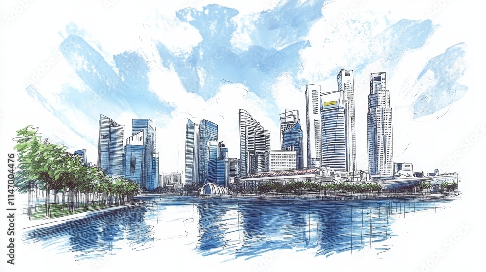Fototapeta premium Singapore. Unusual perspective hand drawn sketch. City vector illustration