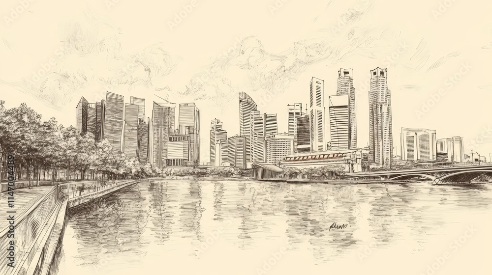 Obraz premium Singapore. Unusual perspective hand drawn sketch. City vector illustration
