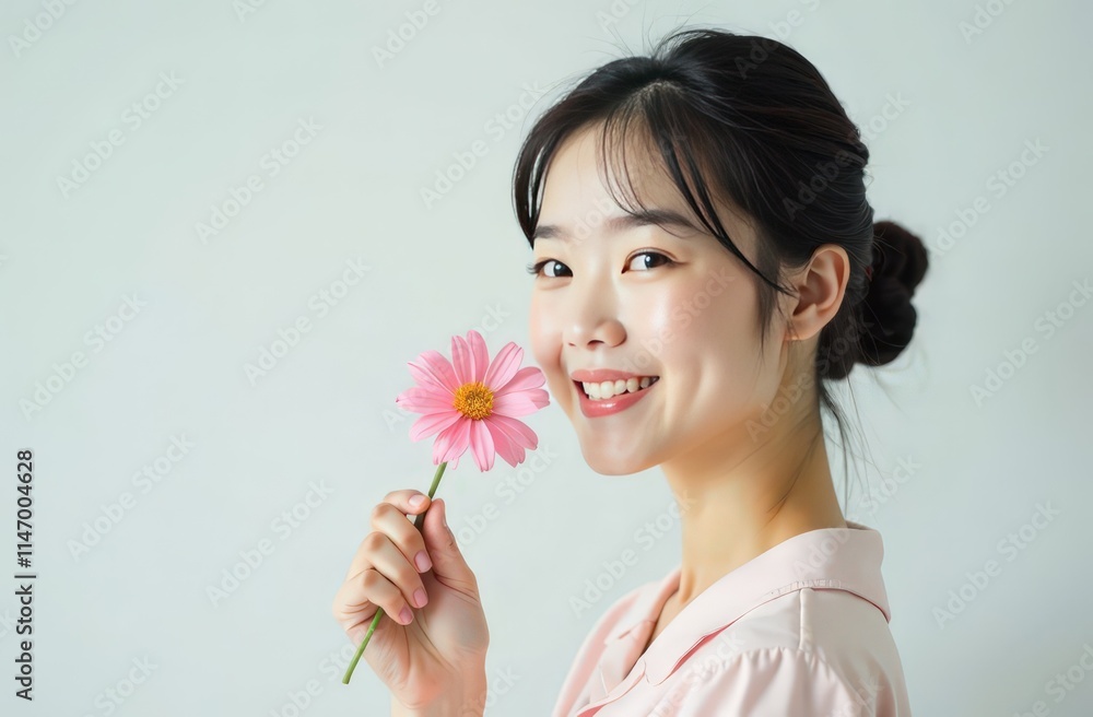Portrait of happy cute girl with beautiful flower, airy cute shot on clean background, place for text, women's day Portrait of happy cute girl with beautiful flower, airy cute shot on clean background, place for text, women's day