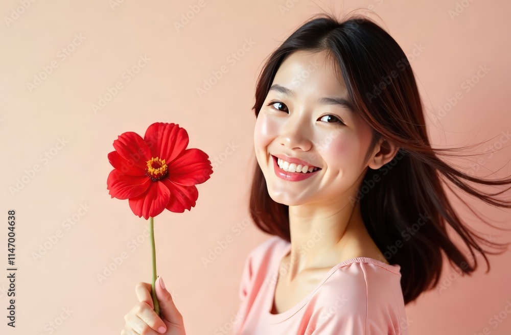 Portrait of happy cute girl with beautiful flower, airy cute shot on clean background, place for text, women's day Portrait of happy cute girl with beautiful flower, airy cute shot on clean background, place for text, women's day