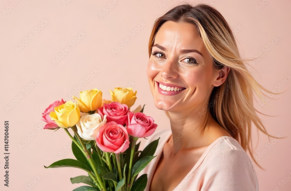 Portrait of happy beautiful girl with bouquet of flowers, airy cute shot on clean background, place for text, women's day Portrait of happy beautiful girl with bouquet of flowers, airy cute shot on clean background, place for text, women's day