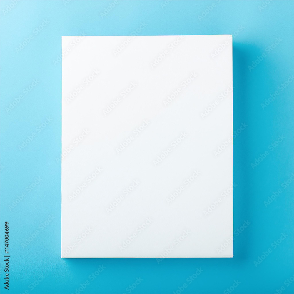 Blank white poster on light blue background. Empty canvas template. Mock-up. Blank white poster on light blue background. Empty canvas template. Mock-up.
