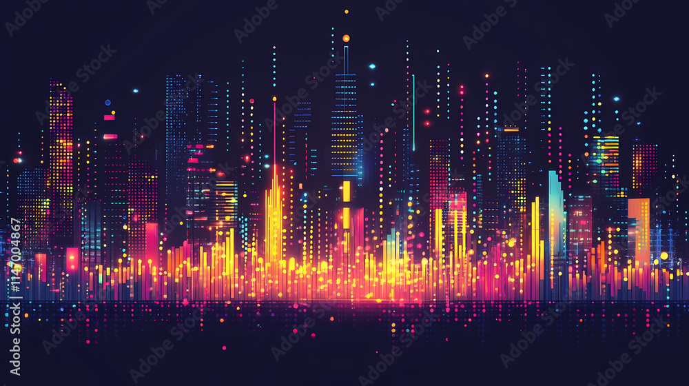Fototapeta premium Vibrant pixel cityscape evolution showcasing progress from year to year in a stunning digital display of light and color