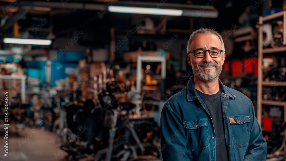 Male mechanic in blue uniform standing in auto repair shop with blurred tools and car parts in background, looking at camera. Labor day Male mechanic in blue uniform standing in auto repair shop with blurred tools and car parts in background, looking at camera. Labor day
