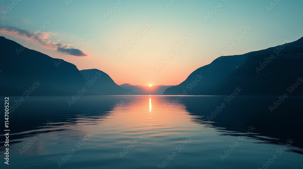 Obraz premium Sunset over calm water between mountains.