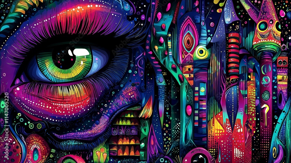 Obraz premium Psychedelic eye with vibrant colors and abstract patterns.